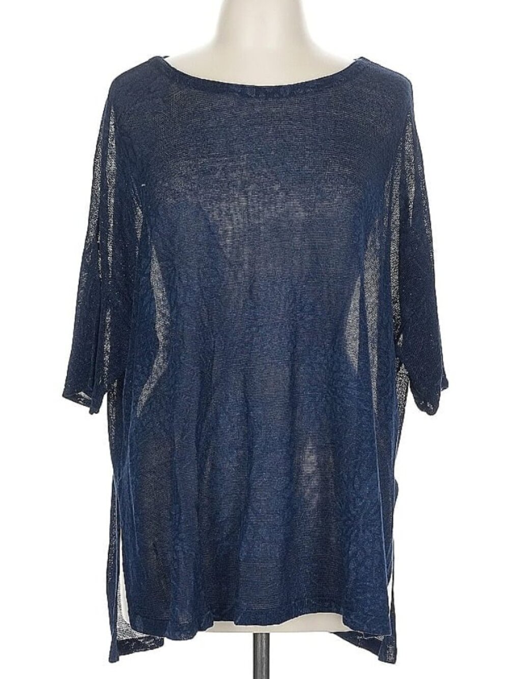 new PureJill Linen Top Blue semi-transparent 3/4 sleeves  PL LARGE